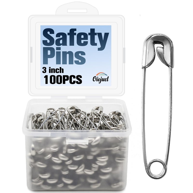 Oiojuct Safety Pins - 3 inch Large Safety Pins,Bulk Safety Pins,100 PCS Heavy Duty Big Safety Pins for Sewing,Crafts,and Clothing - Image 1